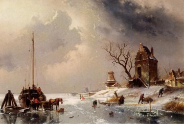  Cart Art - Figures Loading A Horse Drawn Cart On The Ice landscape Charles Leickert